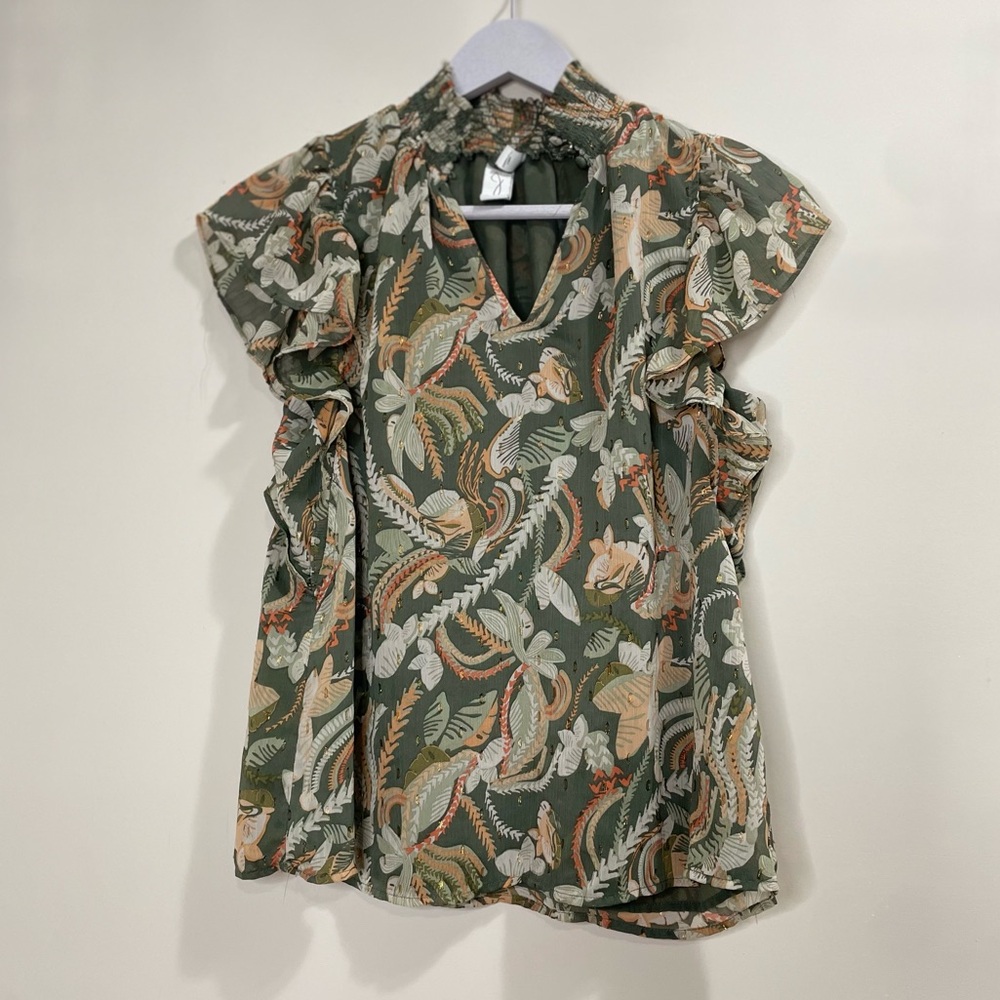 JOIE Flutter Sleeve Floral Mock Neck Smocked Blouse Top Green Multicolor Xs